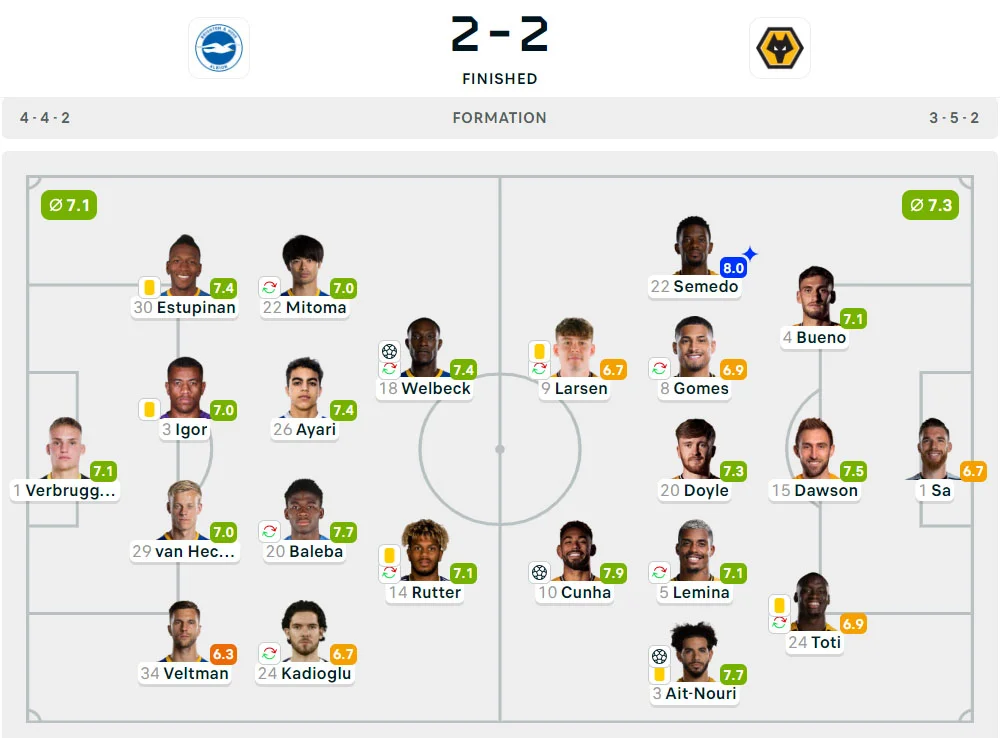 Liga Inggris 2024-2025: Brighton 2-2 Wolverhampton Wanderers